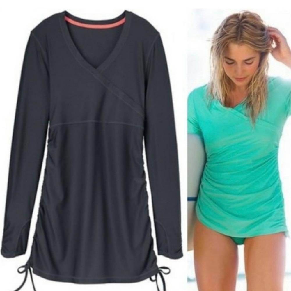 Athleta Wick-It Gray Grey Ruched Side Tie Swim Cover Up Long Sleeve Top Size XXS